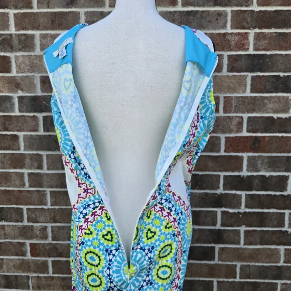 London Style Colorful Geometric Print Dress Size 12 Sleeveless Midi Summer Dress - Picture 7 of 11